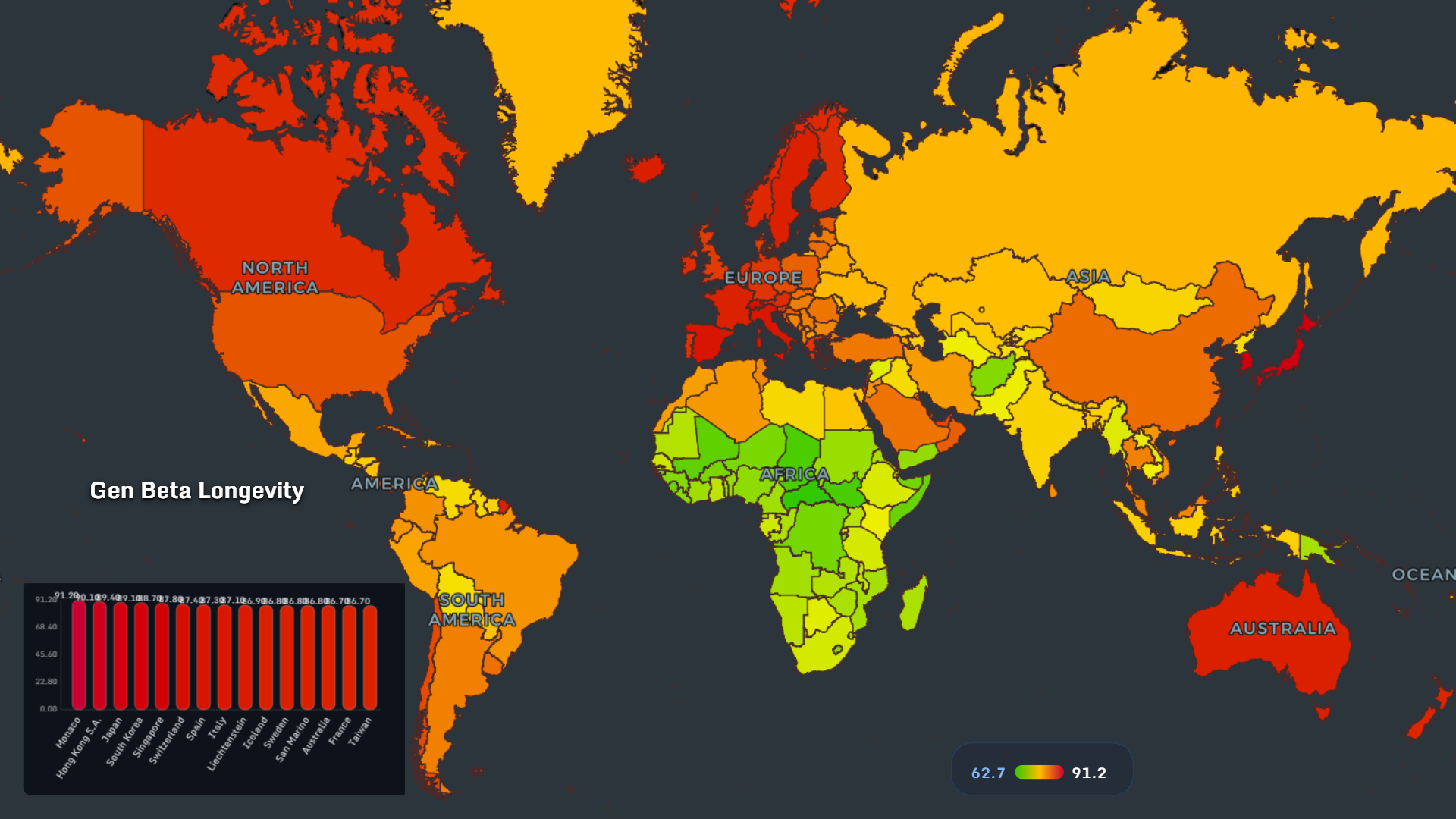 Gen Beta longevity by country map